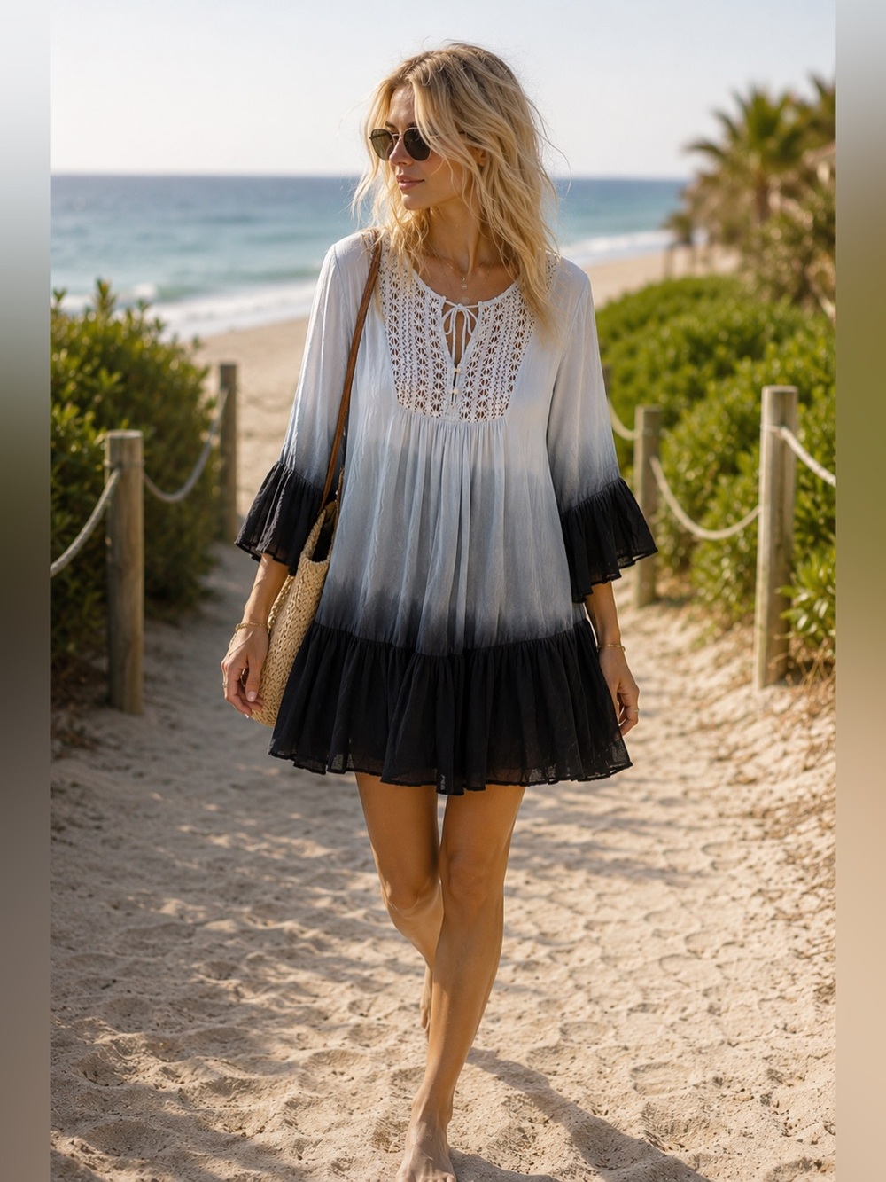 Isle By Melis Blue Ombre Crochet Trim Boho Swing Dress Size S Rayon Beachy - Picture 11 of 11